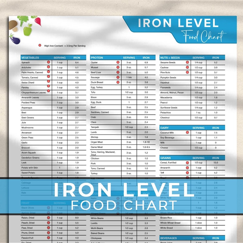 Iron Rich Foods Chart Etsy