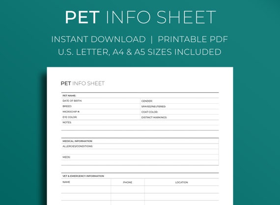 Pet Info Sheet Minimalist Printable Productivity Template - Etsy