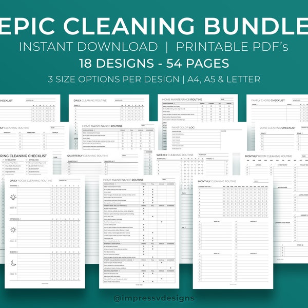 Epic Cleaning Bundle ⦁ Household Printable PDF Planner ⦁ 18 Designs, 54 Pages, 3 Sizes Per Design ⦁ PDF Chore Chart ⦁ A4, A5, Letter