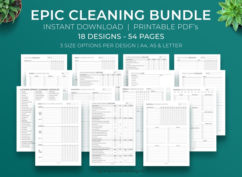 Epic Cleaning Bundle Household Printable PDF Planner 18 Designs, 54 Pages, 3 Sizes Per Design PDF Chore Chart A4, A5, Letter image 1