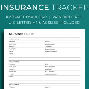 Insurance Tracker ⦁ Minimalist Printable Productivity PDF Template Planner Insert ⦁ Budget, Finance, Money Printable Planner ⦁ A4 A5 Letter