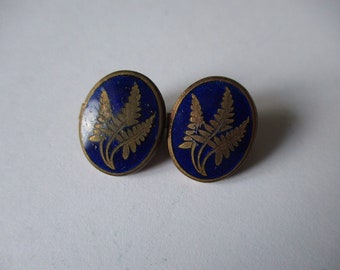 Antique fern leaf & blue enamel bachelor or bachelorette buttons - pair