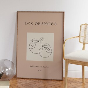 Cartel de Les ORANGES, Arte Wallart EXCLUSIVO, Impresión digital A3 A4 A5, Dibujo de boceto de frutas Texto francés moderno neutro, Kitchen Hall Pink Belle