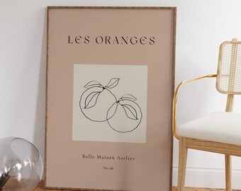 Cartel de Les ORANGES, Arte Wallart EXCLUSIVO, Impresión digital A3 A4 A5, Dibujo de boceto de frutas Texto francés moderno neutro, Kitchen Hall Pink Belle