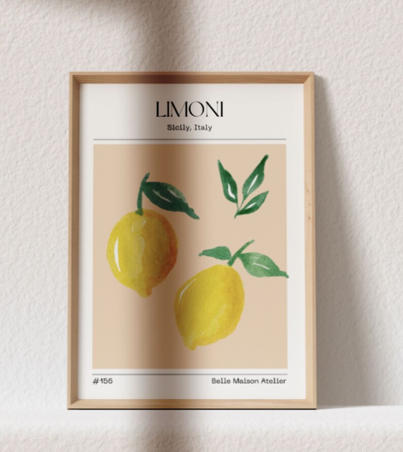 Cartel de LIMÓN, mural del mercado de frutas Limoni, Impresión digital A3 A4 A5, PINTURA Arte abstracto, Exclusivo, Dibujo Limones Cocina Sicilia Italia imagen 3