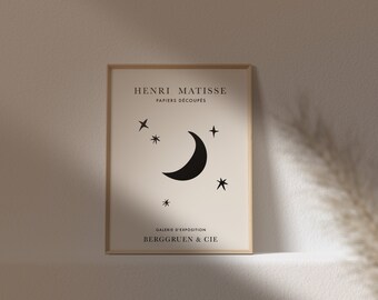 Moon and Stars impresión de arte digital, Matisse Beige Wallart Dibujo, Boceto mínimo espacial, Texto francés FontA1 A2 A3 A4, Medio abstracto