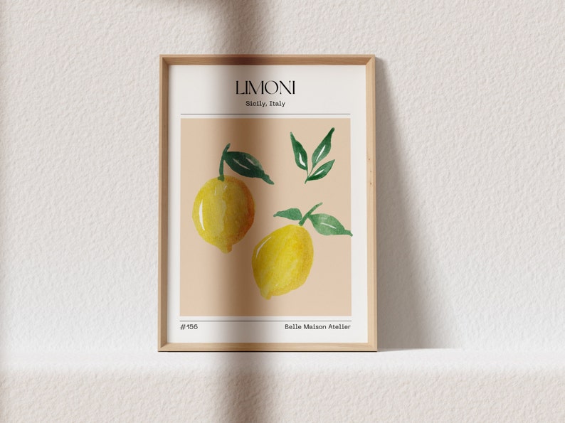 Cartel de LIMÓN, mural del mercado de frutas Limoni, Impresión digital A3 A4 A5, PINTURA Arte abstracto, Exclusivo, Dibujo Limones Cocina Sicilia Italia imagen 1