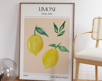 LEMON Poster, Limoni Fruit Market wallart, A4 Print PAINTING abstract Art, Exclusive, Drawing Lemons Kitchen Sicilia Italia Exclusive eco