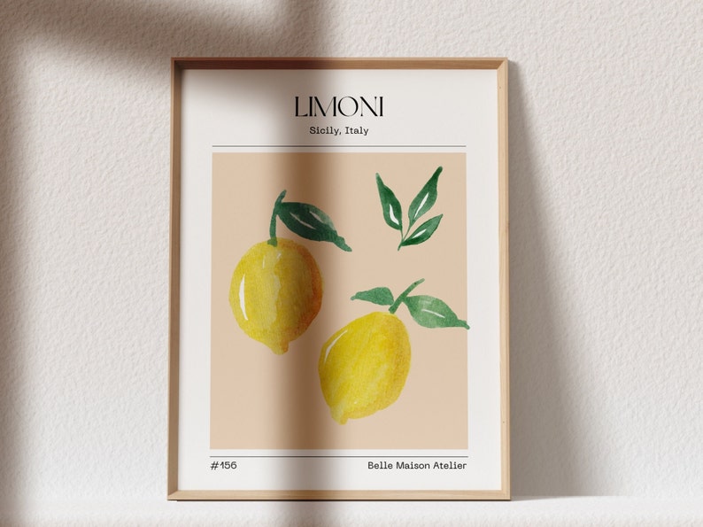 Cartel de LIMÓN, mural del mercado de frutas Limoni, Impresión digital A3 A4 A5, PINTURA Arte abstracto, Exclusivo, Dibujo Limones Cocina Sicilia Italia imagen 2
