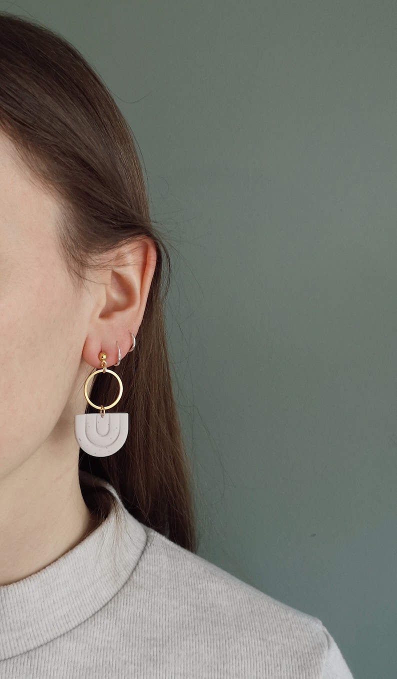 Ball stud dangle white and gold earring Stylish minimalist polymer clay earrings Lightweight earrings with simple design