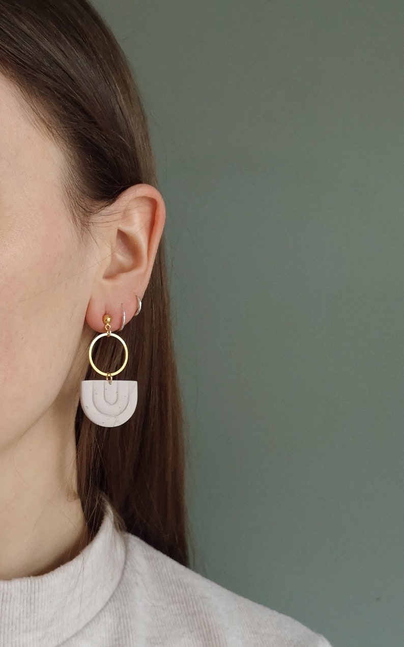Ball stud dangle white and gold earring Stylish minimalist polymer clay earrings Lightweight earrings with simple design