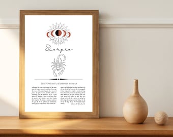 zodiac series print, scorpio print, powerful women, astrology star sign gift, zodiac sun sign, spiritual decor read, horoscope art poster