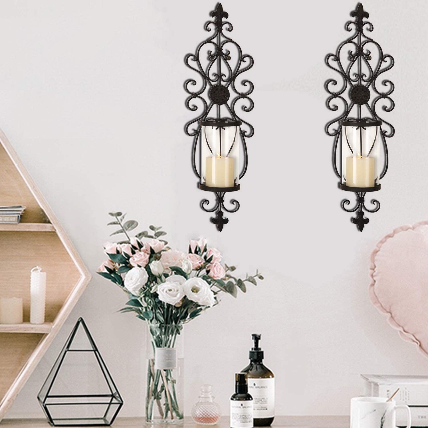 Iron and Glass Scroll Candle Holder Sconce Holds One Pillar Etsy