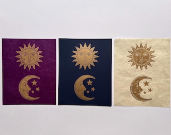 Celestial Sun and Moon Lino Print 8x10 Inches