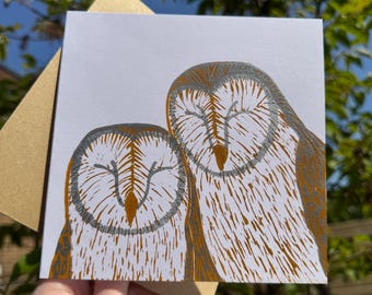 Barn Owls Card, ‘Mates For Life’ Lino Printed Greeting Card (without hearts)