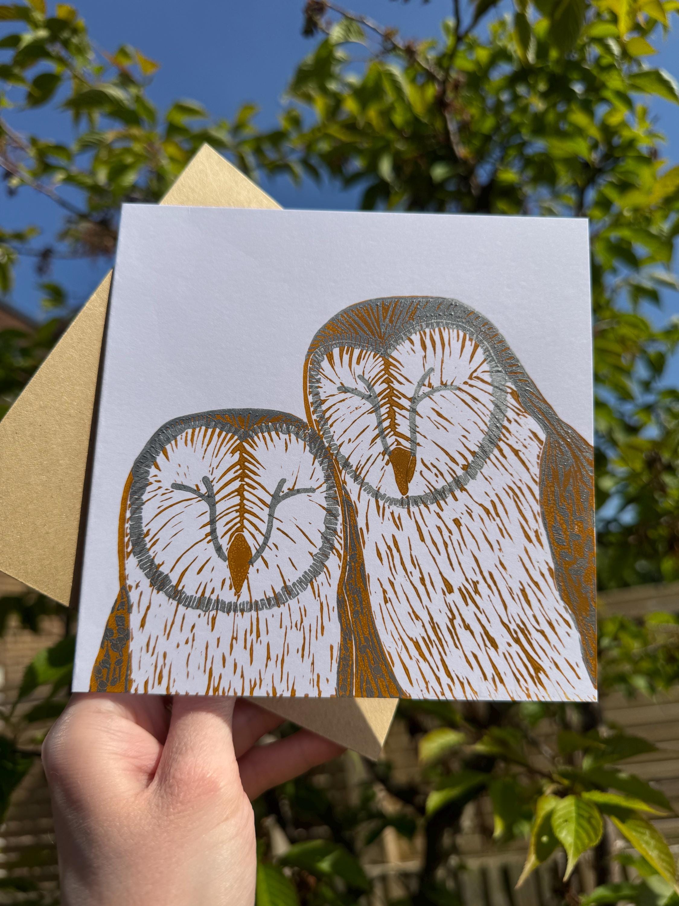 Barn Owls Card, &lsquo;Mates For Life&rsquo; Lino Printed Greeting Card (without hearts)