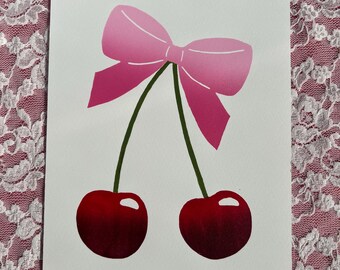 Coquette Cherries and Bow Lino Print 8x6 Inches