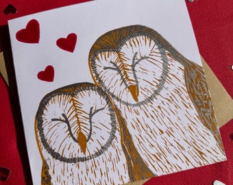 Barn Owls Card, ‘Mates for Life’ Lino Printed Greeting Card (with hearts)