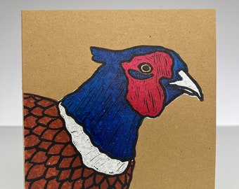 Pheasant Lino Printed Greeting Card