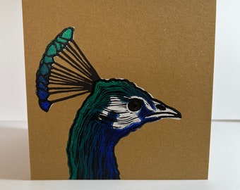 Peacock Lino Printed Greeting Card