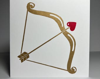 Cupid’s Bow and Arrow Lino Printed Valentine’s Day/Anniversary/Greeting Card