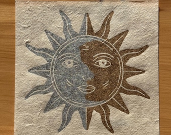 Celestial Sun and Moon Combined Lino Print 5x5 Inches