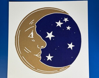 Celestial Moon Face Lino Print 8x8 Inches
