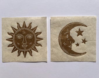Celestial Sun or Moon Lino Print (gold ink on neutral coloured paper) 5x5 Inches