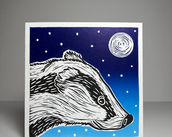 Badger Lino Printed Winter/Christmas Greeting Card