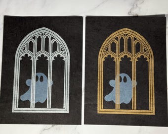 Gothic Window with Ghost Lino Print (Gold or Silver) 6x8 Inches