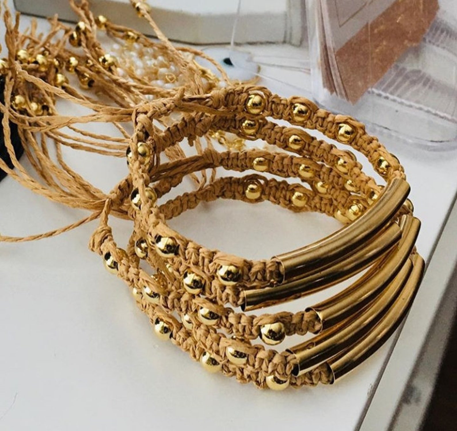 Jute handwoven bracelet. Adjustable with goldfilled beads Etsy