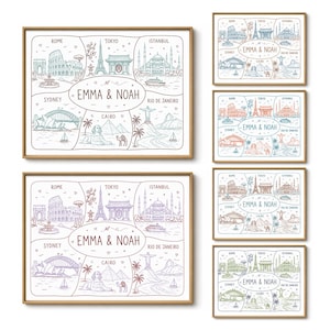May include: A collection of framed wall art prints featuring hand-drawn illustrations of global landmarks including Rome, Tokyo, Istanbul, Sydney, Cairo, and Rio de Janeiro. Each print displays the text EMMA & NOAH in the center of the design.