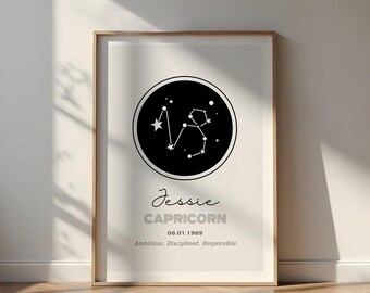 Steenbok gepersonaliseerde sterrenbeeldprint, aangepaste naam en geboortedatum, minimale astrologie kunst aan de muur
