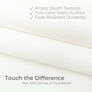 Pu&ograve; includere: Primo piano di una tela bianca con una superficie strutturata. L'immagine include il testo "Artistic Depth Textures", "True-Color Matte Surface" e "Fade-Resistant Durability". Sono visibili anche le frasi "Touch the Difference" e "Not Just Canvas, A Foundation".