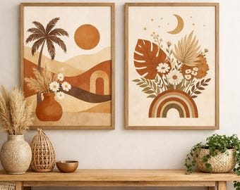 Boho botanische print, neutrale woestijnterracotta galerij muurkunst