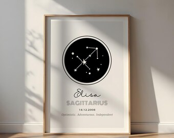 Boogschutter gepersonaliseerde sterrenbeeldprint, aangepaste naam en geboortedatum, minimale astrologie kunst aan de muur