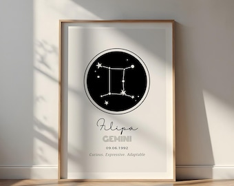Impressão personalizada da constelação de Gêmeos, com nome e data de nascimento personalizados, arte de parede minimalista de astrologia.