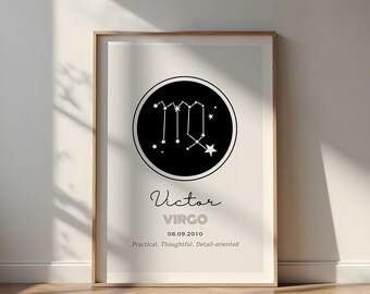 Virgo Personalized Constellation Print, Custom Name & Birth Date, Minimal Astrology Wall Art Gift