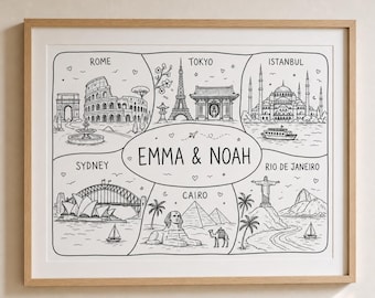 Gepersonaliseerde paar reiskaartafdruk, aangepaste stadsoriëntatiepunt illustratie, romantisch avontuur kunst aan de muur, jubileum huwelijkscadeau