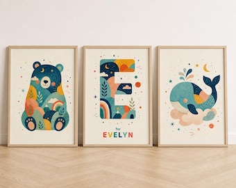 Gepersonaliseerde kinderkamer muurkunst set van 3, aangepaste naam eerste afdruk, Boho Animal Moon kinderkamer decor, babyshower cadeau, ingelijst