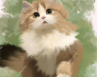 May include: A digital painting of a fluffy cat with brown, white, and tan fur. The cat has large, expressive eyes and long whiskers. The background is a soft blend of green and white brushstrokes, with the text "FIND A TREND" repeated.