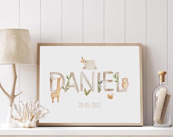 Gepersonaliseerde kunst aan de muur babynaam, aquarel dierenkwekerij print, aangepaste kindernaam met datum
