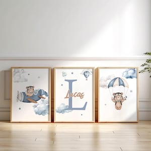 Set aus 3 benutzerdefinierten Wandkunst-Leinwanddrucken - Personalisieren Sie mit dem Namen des Kindes und dem spielerischen Teddybär-Kinderzimmerdekor für Schlafzimmer, Spielzimmer oder Kinderzimmer