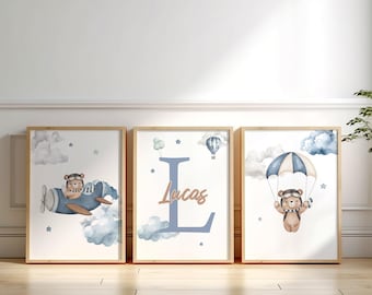 Gepersonaliseerde canvasafdrukken teddybeer: set van 3, aangepaste naam, speels decor
