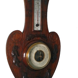 Small antique French working weather station barometer thermometer in carved wood Amazing piece of history Brass and wood barometer vintage