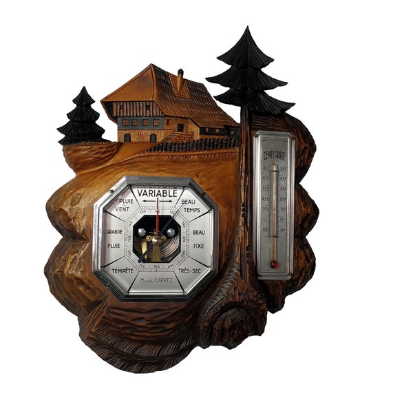 Stunning Vintage French wall Weather Station Hand Carved Wood Barometer Thermometer Black Forest Marcel Carrez