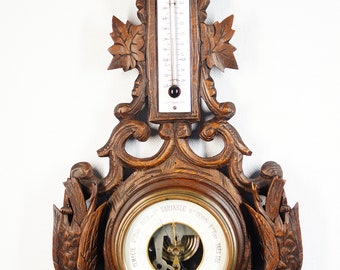 1879 Antique French working weather station, barometer, thermometer with two carved wooden quails . Amazing piece of history