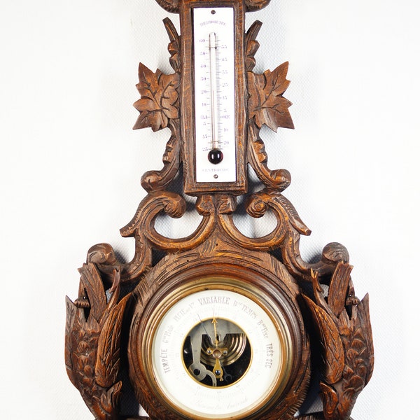 1879 Antique French working weather station, barometer, thermometer with two carved wooden quails . Amazing piece of history