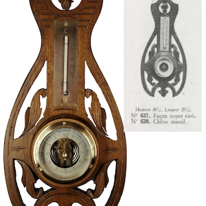 Antique Weather Station Barometer Thermometer in Carved Wood and Beveled Glass Amazing piece