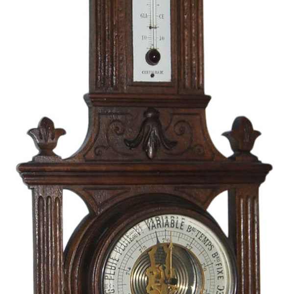 Genuine antique French working weather station, barometer, thermometer with open dial, beveled edges, carved wooden details. Amazing piece